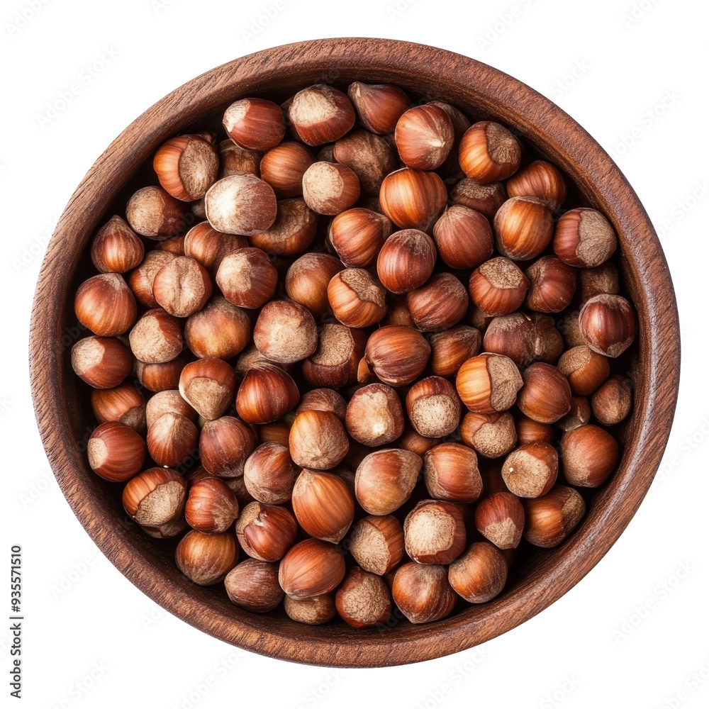hazelnuts in a wooden bowl top view isolated on transparent background, clipping path, cut out, PNG hazelnuts in a wooden bowl top view isolated on transparent background, clipping path, cut out, PNG