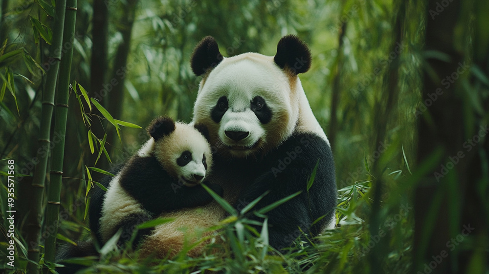 Obraz premium mother panda and baby panda in bamboo forest