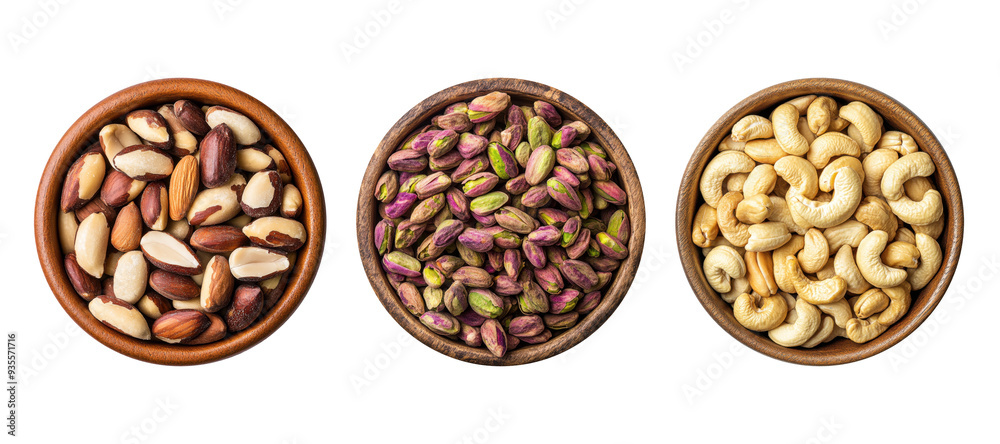 assorted nuts in wooden bowls, mixed nuts pistachios cashews, isolated on transparent background, cut out, clipping path, PNG assorted nuts in wooden bowls, mixed nuts pistachios cashews, isolated on transparent background, cut out, clipping path, PNG