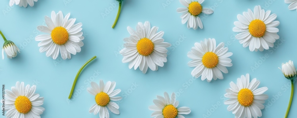Daisies on Blue Background - Floral Pattern, Spring Flowers, Daisy, White Flowers, Blue Daisies on Blue Background - Floral Pattern, Spring Flowers, Daisy, White Flowers, Blue