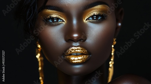 Art portrait african woman fashion model on black background gold luxury accessories bijouterie jewelry bracelet earrings Beautiful face sexy girl metallic golden professional makeup s : Generative AI
