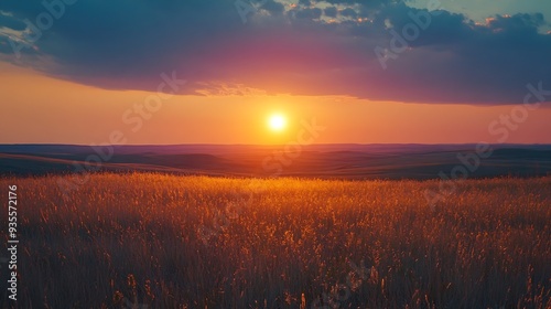 Sunset on the horizon over a vast landscape grasslands national park val marie saskatchewan canada : Generative AI photo