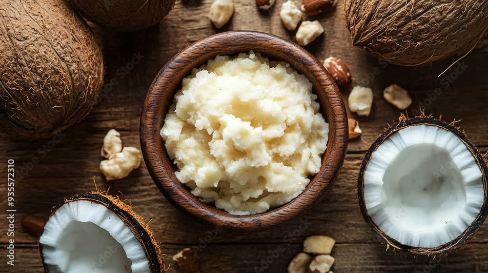 Shea butter and coconut on wooden background, top view, organic cosmetic ingredients. Skincare concept. Generative AI Shea butter and coconut on wooden background, top view, organic cosmetic ingredients. Skincare concept. Generative AI