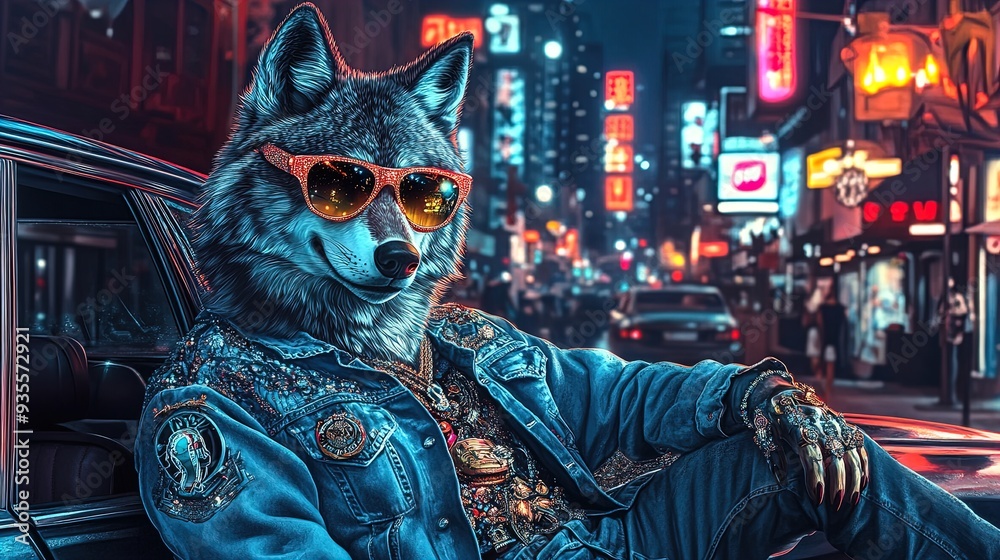 Chic Urban Wolf: A Stunning Poster of a Stylish Wolf in Oversized Sunglasses and Denim Jacket Against a Retro Car, Perfect for Sports Room Decor and Nightlife Enthusiasts! Chic Urban Wolf: A Stunning Poster of a Stylish Wolf in Oversized Sunglasses and Denim Jacket Against a Retro Car, Perfect for Sports Room Decor and Nightlife Enthusiasts!