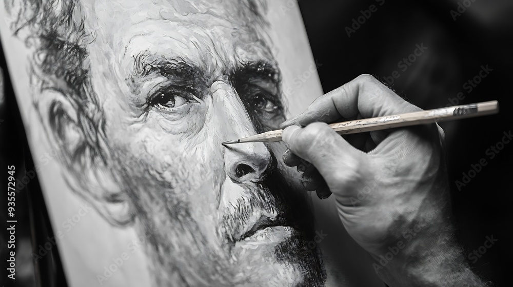 Obraz premium Closeup artist drawing pencil draft on canvas Designers hand sketching project Modern art creative profession : Generative AI