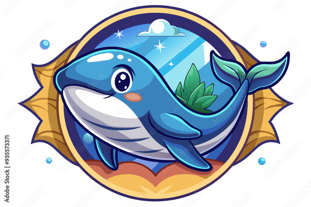 Cartoon Blue Whale with a Friendly Expression in an Oval Frame Cartoon Blue Whale with a Friendly Expression in an Oval Frame