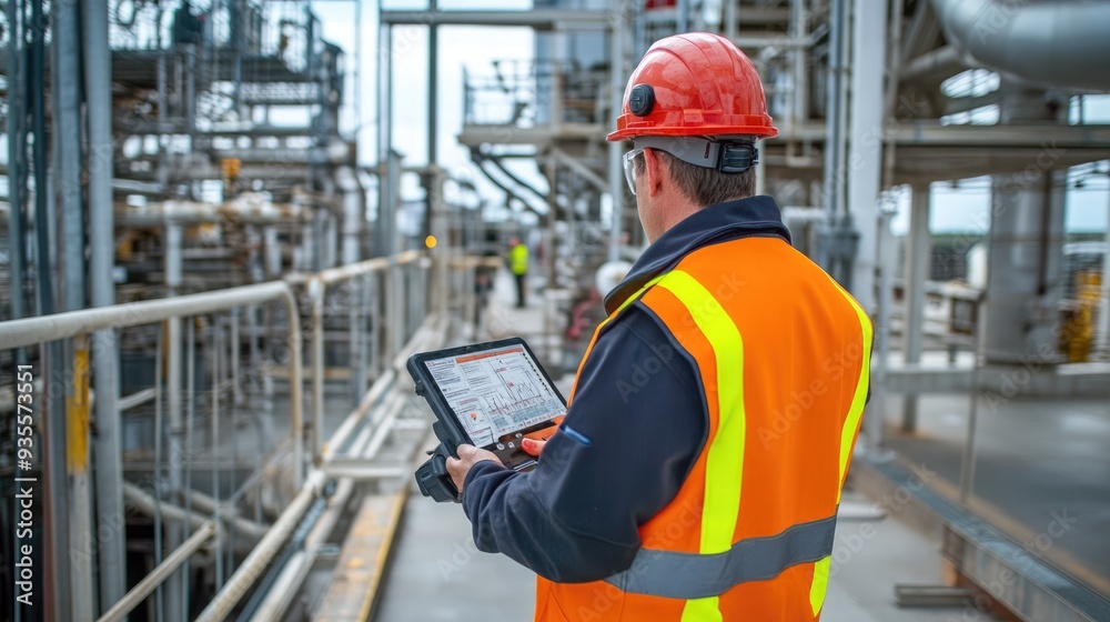 Industrial Worker Examining Data on Tablet Industrial Worker Examining Data on Tablet