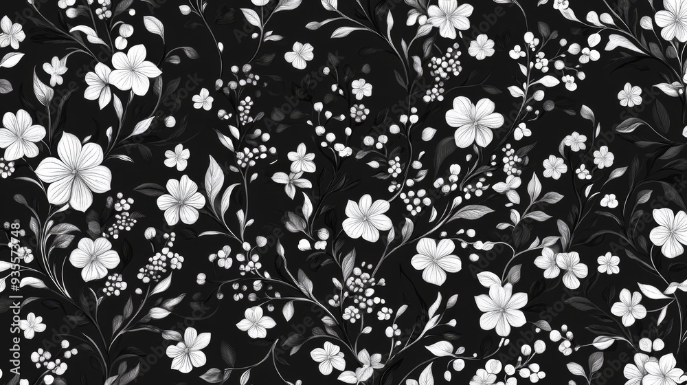 Floral Sketch Black and White Floral Pattern, Seamless, Monochrome, Hand Drawn, Botanical, Floral Sketch Black and White Floral Pattern, Seamless, Monochrome, Hand Drawn, Botanical,