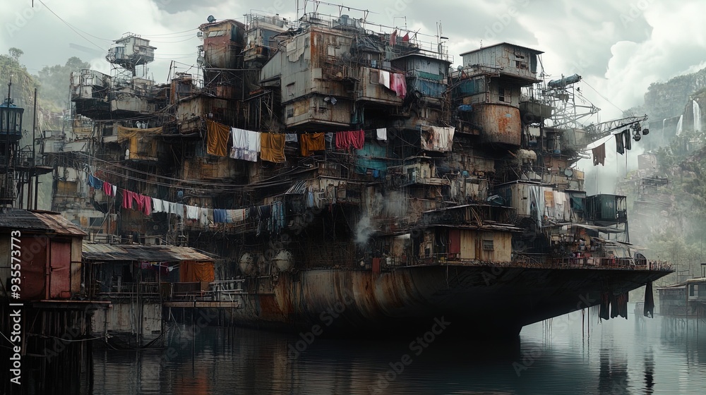 Serenity at Sea: A Stunning Poster of a Layered Ship Community with Worn Homes and Laundry, Perfect for Adding Unique Character to Your Sports Interior or Nautical-Themed Space! Serenity at Sea: A Stunning Poster of a Layered Ship Community with Worn Homes and Laundry, Perfect for Adding Unique Character to Your Sports Interior or Nautical-Themed Space!