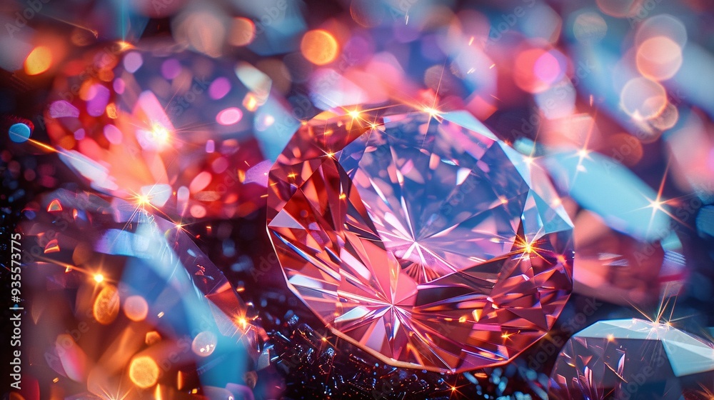 Glittering purple Christmas tree lights and ornaments shine brightly against a festive blur of colorful decorations, creating a sparkling holiday celebration