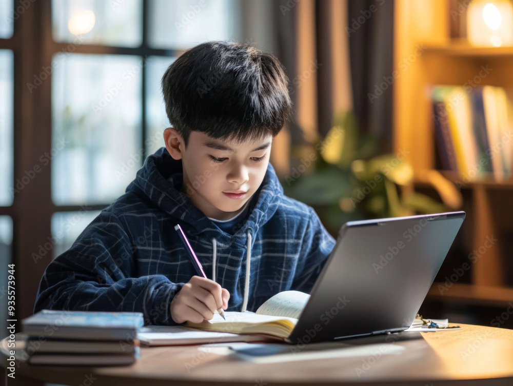A boy is sitting at a table with a laptop and a notebook A boy is sitting at a table with a laptop and a notebook