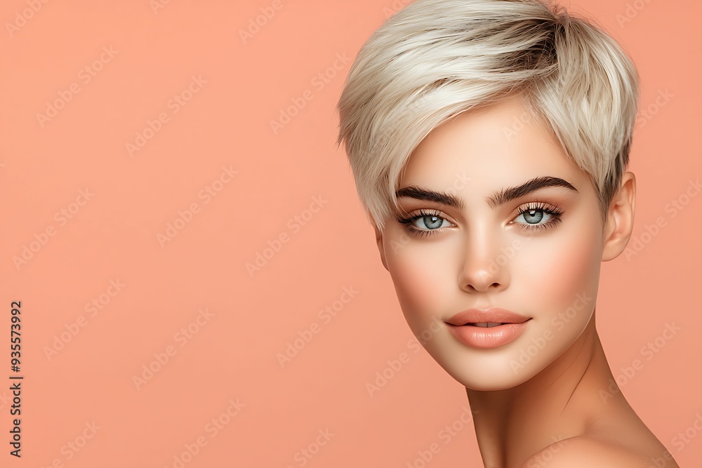 Naklejka premium Close-up portrait of a young woman with porcelain skin and short blonde hair, set against a soft peach background, minimalist style, copy space for text,