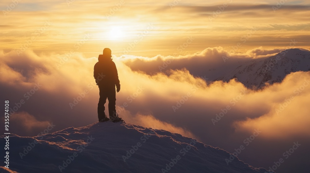 Obraz premium Silhouette of a Man on a Mountain Peak at Sunset