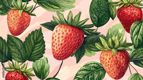 Fresh Red Strawberries with Green Leaves on a Pink Background, Watercolor, Digital Art, Fruit, Summer, Nature , Strawberry