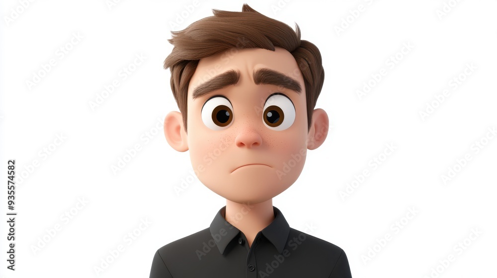 3D character close up portrait of a slightly puzzled Caucasian man in a formal black shirt, with a raised eyebrow and confused expression, on a white backdrop, cartoon style 3D character close up portrait of a slightly puzzled Caucasian man in a formal black shirt, with a raised eyebrow and confused expression, on a white backdrop, cartoon style