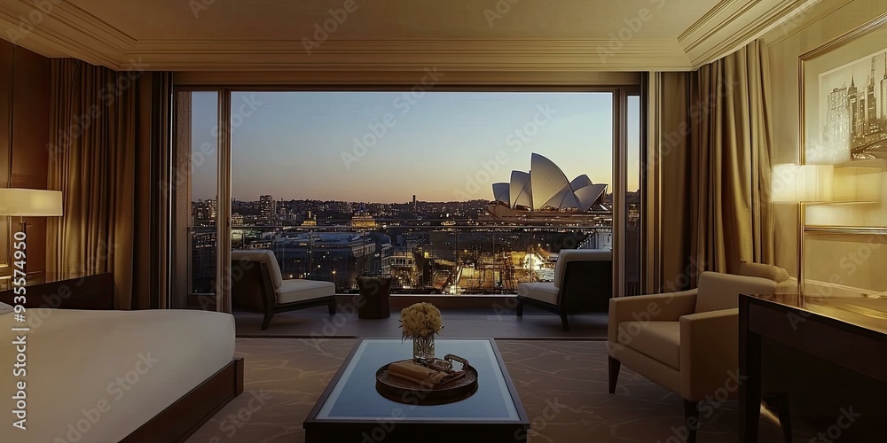Fototapeta premium Luxury hotel room overlooking Sydney Opera House.