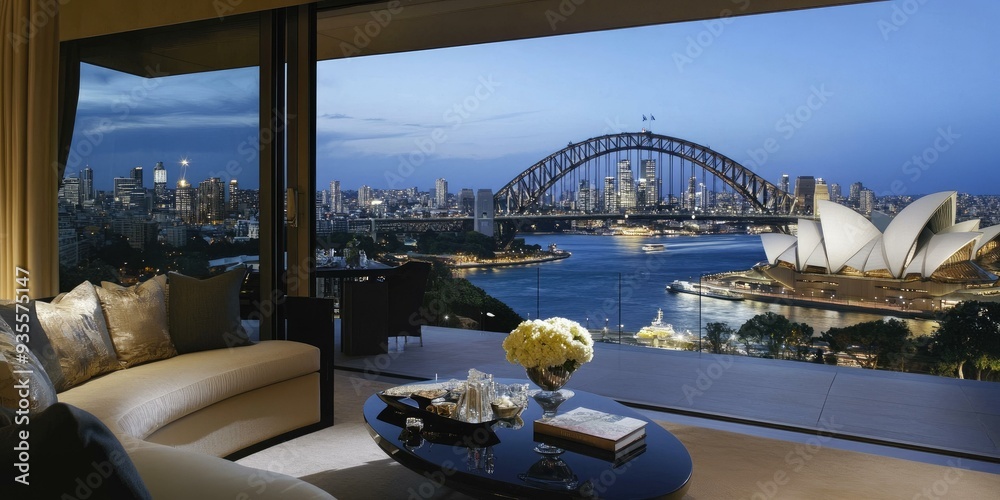 Obraz premium Luxury living room with Sydney Harbor views.