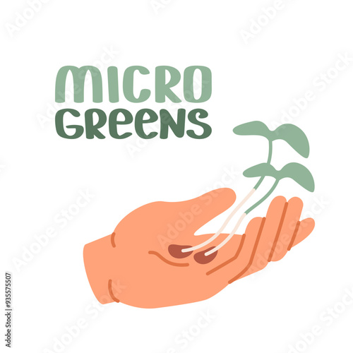 Open palm of white human hand holds two sprouts of microgreens. Sustainable living, importance of including microgreens in diet. Vetorial flat illustration.