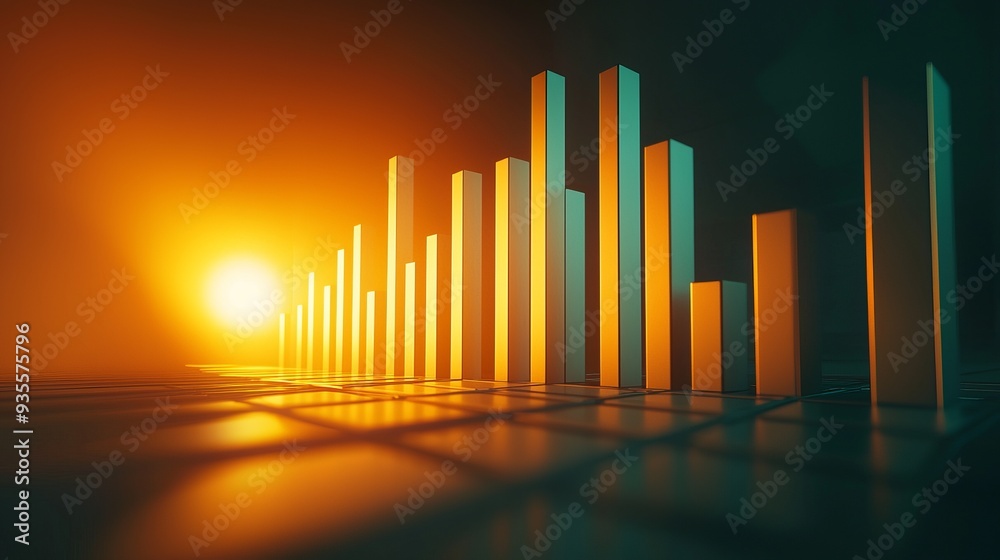 Fototapeta premium A dynamic bar graph illuminated by a glowing sunset, representing growth and progress in data visualization.