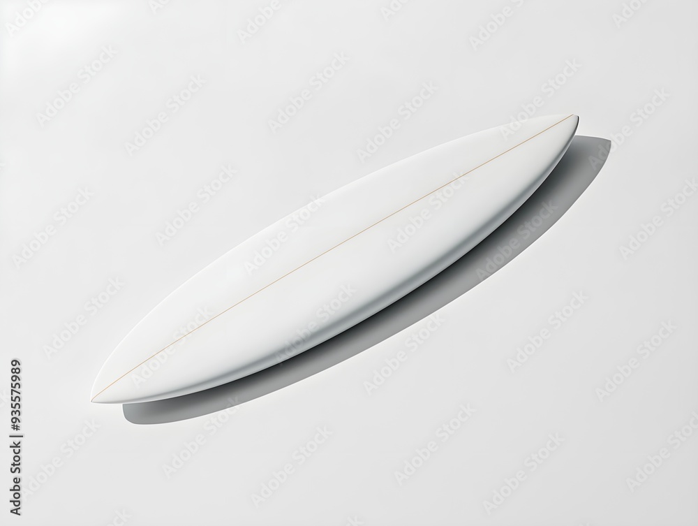 Minimalist image of a surfboard lying flat, fully isolated on a clean white background, emphasizing its streamlined shape Minimalist image of a surfboard lying flat, fully isolated on a clean white background, emphasizing its streamlined shape