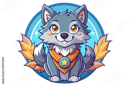 Cute Cartoon Wolf with a Star Badge and Autumn Leaves