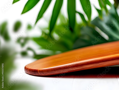 Side view of a surfboard, isolated on a white background, focusing on the curvature and detail of the board's contours photo