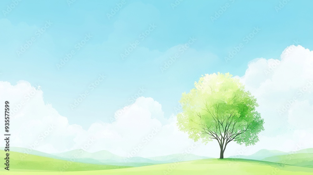 Obraz premium Abstract tree silhouette against a vibrant painted field landscape, soft watercolor hues blending seamlessly, inviting tranquility and contemplation in a serene setting.