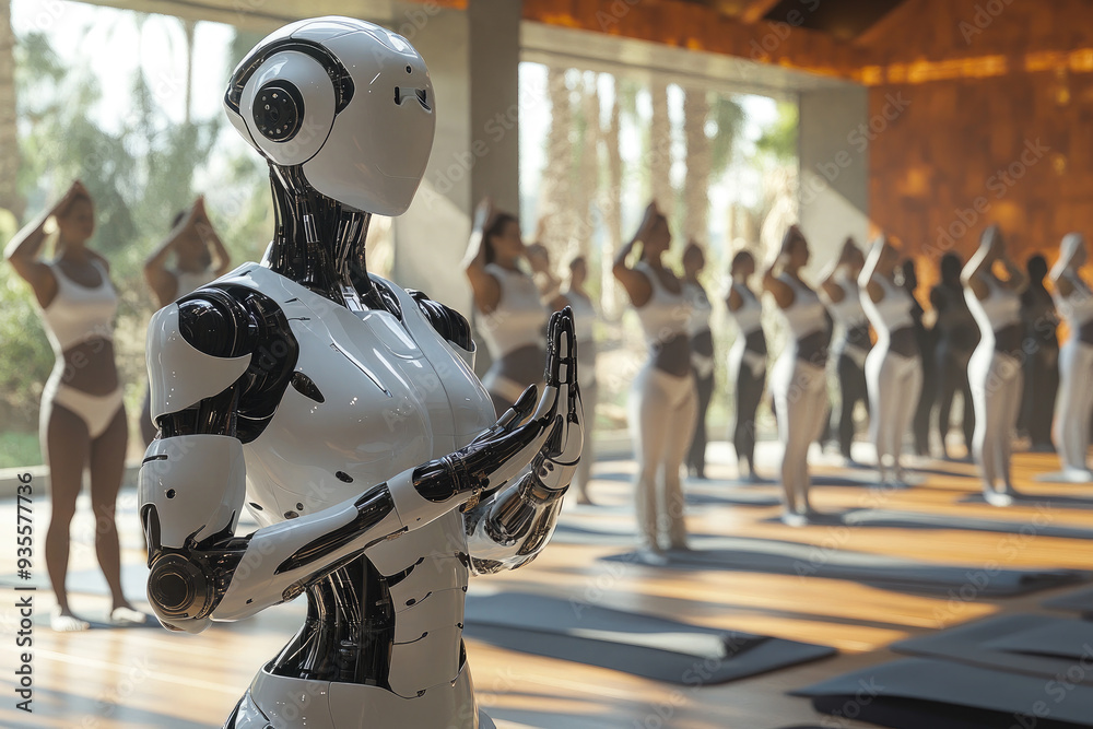 Fototapeta premium A humanoid robot practices yoga in a studio with a group of people. Demonstrates various yoga movements.
