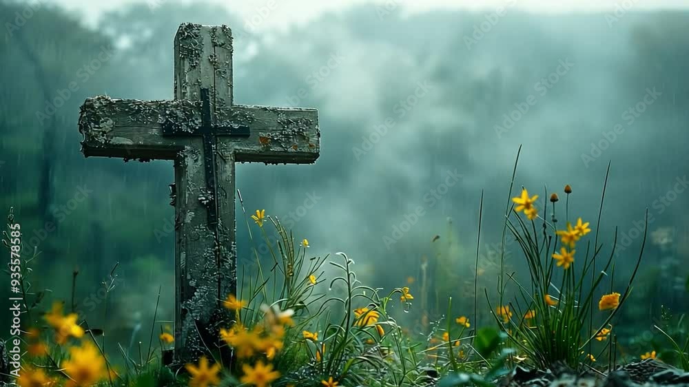 stout wooden cross in a cemetery