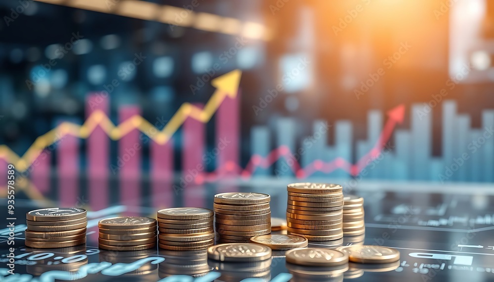 Stacked Gold Coins with Global Trading Graph on Digital Background, Generated by AI Stacked Gold Coins with Global Trading Graph on Digital Background, Generated by AI