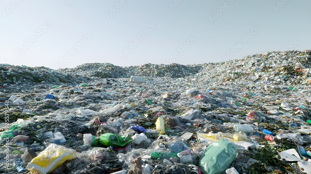 3. 3D visualization of a landfill site overflowing with non-recycled waste and hazardous materials, isolated on a clear background 3. 3D visualization of a landfill site overflowing with non-recycled waste and hazardous materials, isolated on a clear background