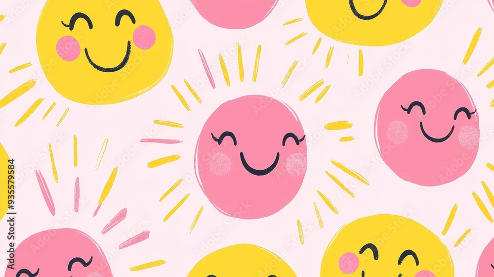 Obraz premium Smiling Sun Seamless Pattern - Yellow and Pink Sun with Rays, Digital Painting, Happy Faces, Summer Vibes, Pattern Design, Abstract Background, Sun