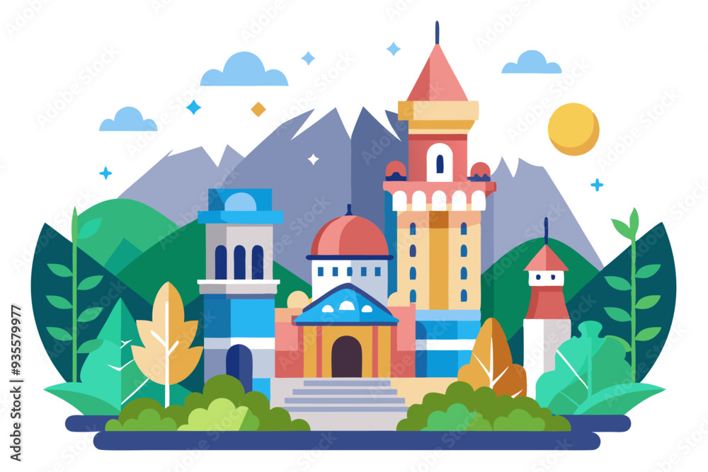 A Colorful Castle Surrounded by Lush Greenery and Mountains A Colorful Castle Surrounded by Lush Greenery and Mountains
