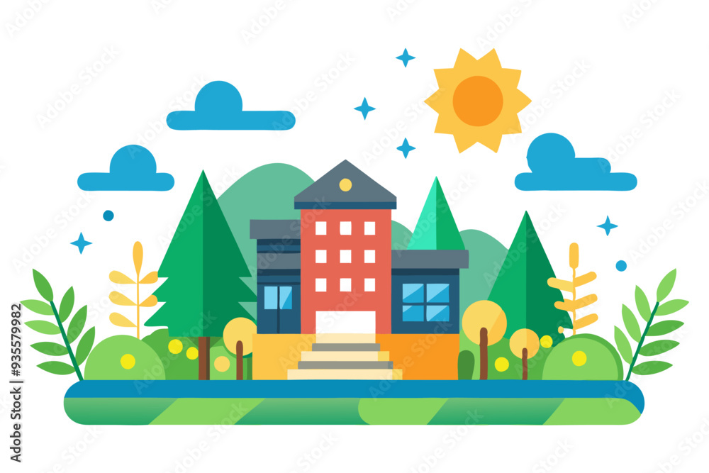 A Colorful Illustration of a House in a Sunny Green Landscape A Colorful Illustration of a House in a Sunny Green Landscape