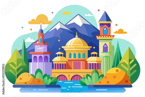 Wallpaper Mural A Vibrant Cityscape with Buildings, Mountains, and a River Torontodigital.ca