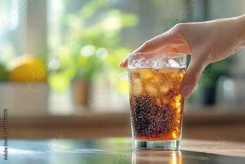 Hand holding soda glass with ice cubes, sunlight kitchen backdro photo