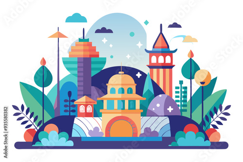 Colorful Cityscape with Tall Buildings and Lush Foliage