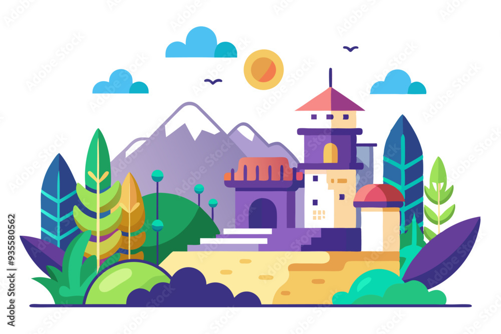 Colorful Flat Illustration of a Castle in a Mountainous Landscape Colorful Flat Illustration of a Castle in a Mountainous Landscape