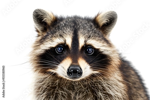 Close-up of a young raccoon, isolated on white background, standing front viewClose-up of a young raccoon, isolated on white background, standing front view