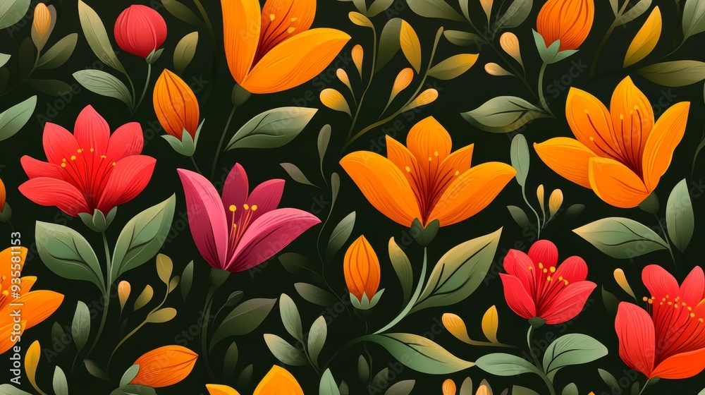 Vibrant Floral Seamless Pattern - Digital Painting, Orange, Red, Green, Floral Pattern, Design, Background Vibrant Floral Seamless Pattern - Digital Painting, Orange, Red, Green, Floral Pattern, Design, Background