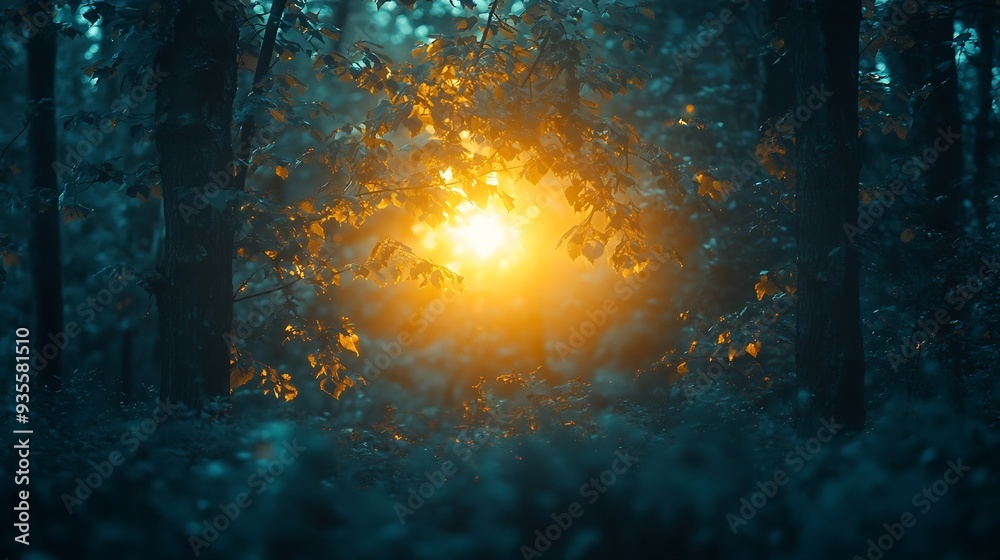 Fototapeta premium Abstract artistic background creative cinematic photo of dark forest over sunset mysterious scary picture : Generative AI
