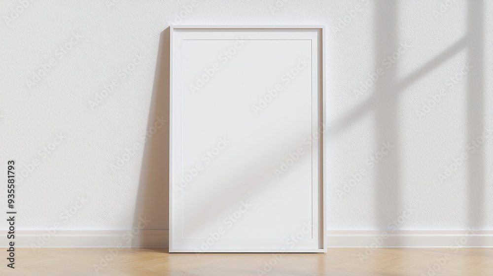 White poster in a blank frame resting on a wooden floor, ideal for showcasing your design print, provides ample free space for creative presentation. White poster in a blank frame resting on a wooden floor, ideal for showcasing your design print, provides ample free space for creative presentation.
