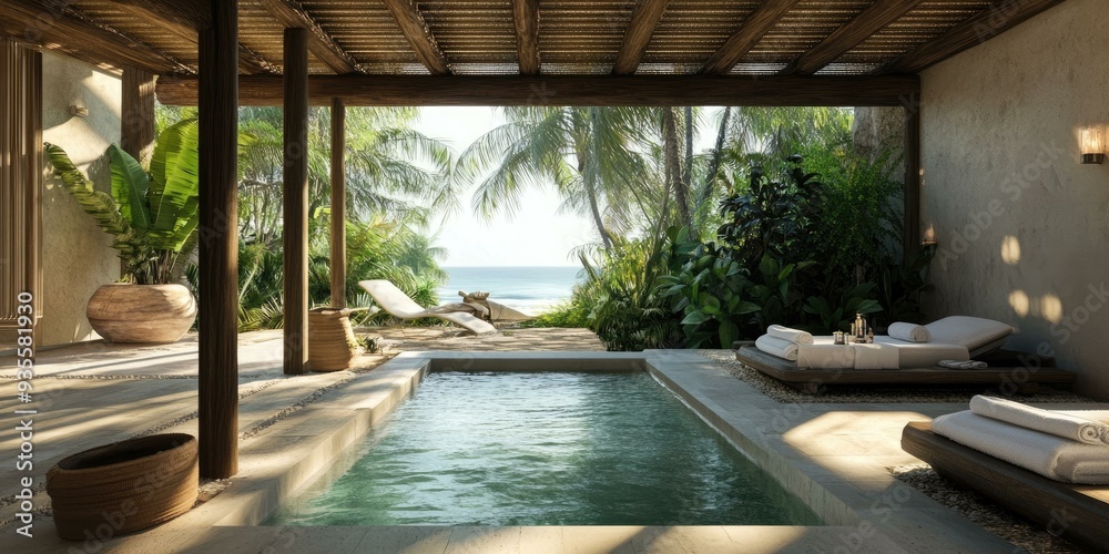 Tropical patio with pool, lounge chairs, and ocean view. Tropical patio with pool, lounge chairs, and ocean view.