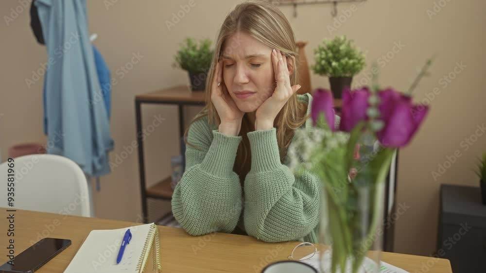 A stressed young woman sits at home, touching her temples in a gesture of headache or anxiety, surrounded by household items and plants. A stressed young woman sits at home, touching her temples in a gesture of headache or anxiety, surrounded by household items and plants.
