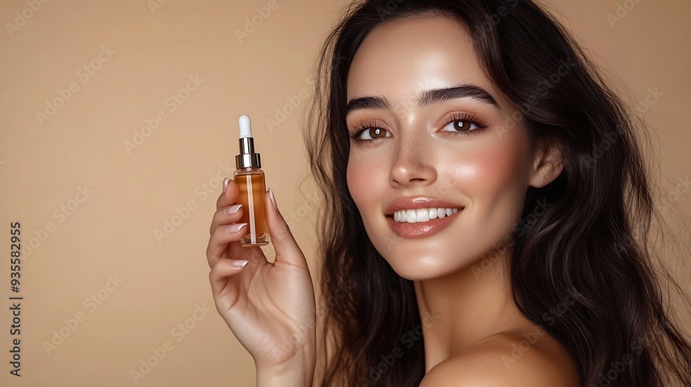 Obraz premium Happy pretty longhaired middle eastern woman holding pipette with beauty product applying antiaging nourishing moisturizing serum isolated on beige background Skin care routine facial : Generative AI