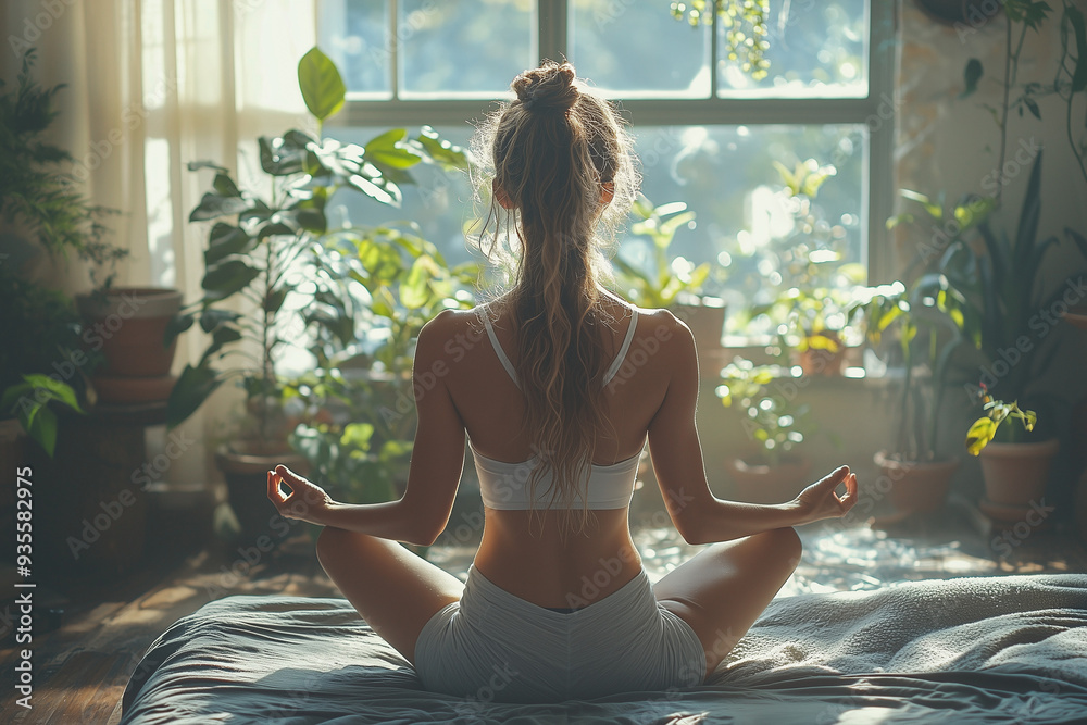 A young woman practicing yoga in a cozy, plant-filled bedroom with soft morning light. The scene captures the essence of a mindful morning routine focused on relaxation and well-being. A young woman practicing yoga in a cozy, plant-filled bedroom with soft morning light. The scene captures the essence of a mindful morning routine focused on relaxation and well-being.