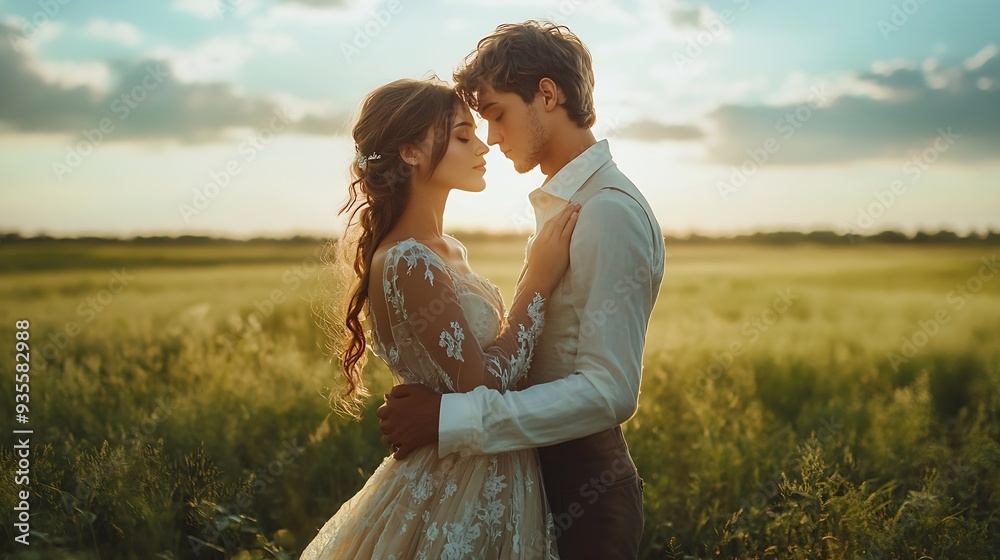 A beautiful young couple dressed in elegant attire poses affectionately in a lush green field under the vast sky : Generative AI A beautiful young couple dressed in elegant attire poses affectionately in a lush green field under the vast sky : Generative AI