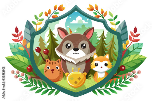 Three Cartoon Animals in a Forest Setting Framed by Foliage