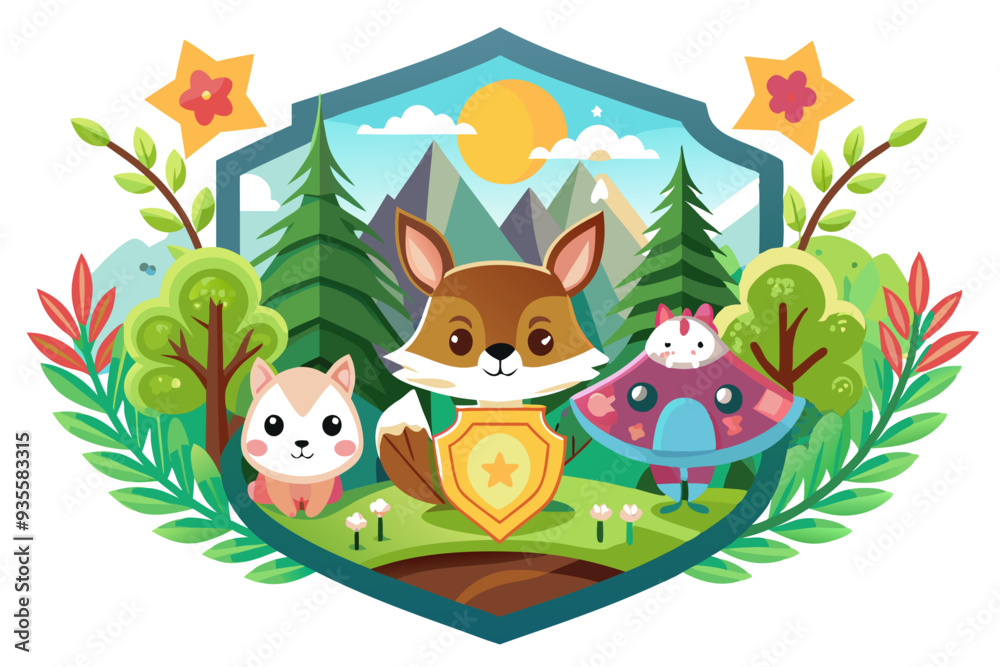 Obraz premium Cartoon Fox with Friends in a Green Forest Setting