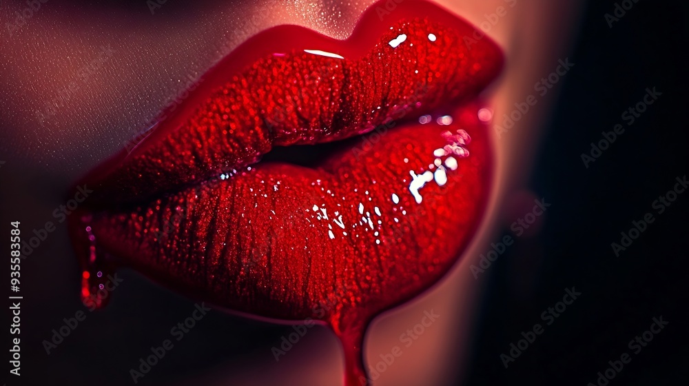 Red heart Paint dripping lipgloss drops on sexy lips bright liquid paint on beautiful model girls mouth Valentines Day art design Lipstick Makeup Beauty face close up On dark backgroun : Generative AI Red heart Paint dripping lipgloss drops on sexy lips bright liquid paint on beautiful model girls mouth Valentines Day art design Lipstick Makeup Beauty face close up On dark backgroun : Generative AI